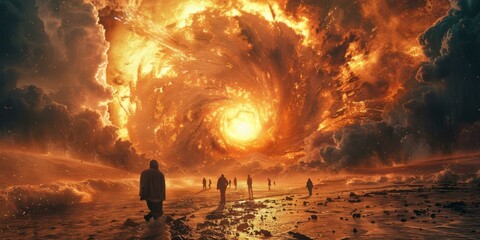 People walking towards a portal in the sky