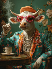 A cow is sitting at a table in a colorful expensive suit