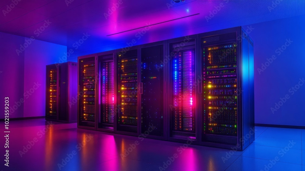 Poster network servers in data center. powerful computer system with light effects in dark room.