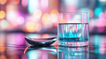An artistic composition with a glass and its shadow creates an engaging visual. The abstract bokeh background enhances the image's colorful, modern essence.