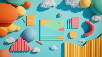 Obraz premium Colorful 3D objects arranged around a painting of a landscape, on a blue background.