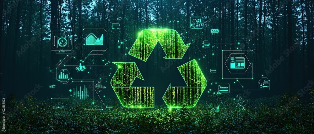 Poster glowing recycle symbol in a dark forest, surrounded by abstract digital interfaces representing data