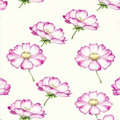 Soft Pink Watercolor Flowers in Minimalist Cosmos Style, seamless pattern