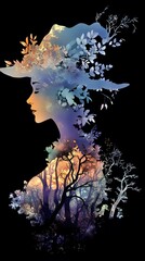 Art, Watercolor Painting, Woman in Witch Hat, Blended with Nature, Black and White Background, Abstract Image, Texture, Pattern Background, Wallpaper, Smartphone Cover and Screen, PC, Laptop, 9:16 and