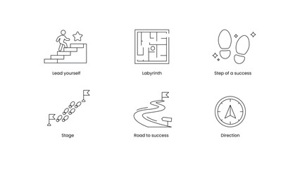 Journey to Success Icon Set. Lead Yourself, Labyrinth, Step of Success, Stage, Road to Success. Achievement, Progress, Personal Growth, Goal Setting, Motivation and Milestone Icons.