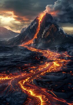 Lava Flowing Down a Mountainside During a Volcanic Eruption