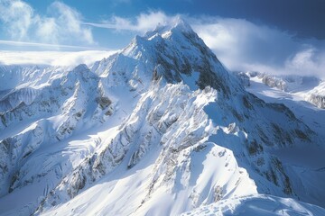 Fototapeta premium A snow-capped mountain peak rises above the clouds.