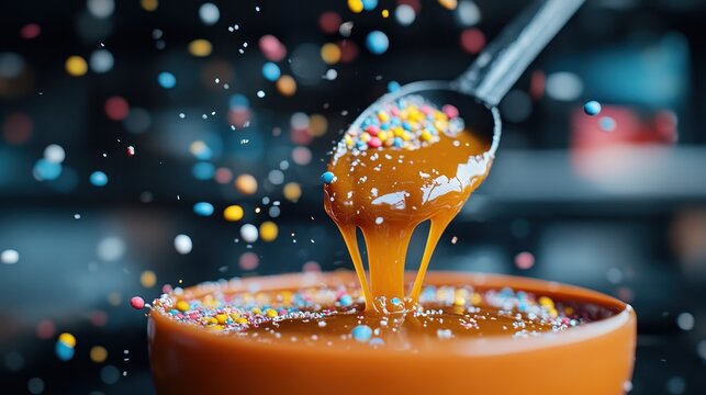 A spoon drizzles caramel into a bowl, with colorful sprinkles suspended in mid-air, creating an enticing and playful visual of sweetness and motion.