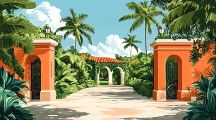 Fototapeta premium Tropical Garden Entrance in Coral Gables - Minimalist Anime Vector Illustration with Fun Playful Color Palette and Clean Lines