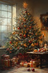 christmas tree in a cozy living room 