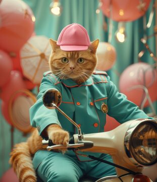 A cat wearing a hat and suit rides a scooter