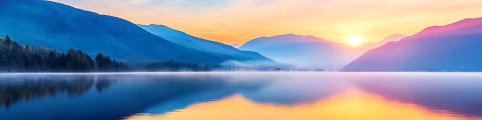 Obraz premium A serene, misty mountain lake at sunrise with space for text 