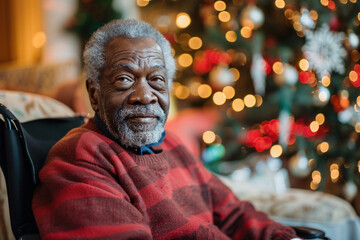 Obraz premium Portrait of a senior African American man in a wheelchair in a nursing home decorated for Christmas Xmas and the new year holidays. Help for New Year's Eve Celebration in a Nursing Home concept