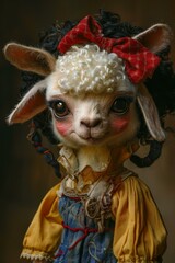 A cute lamb doll with curly hair and a red bow