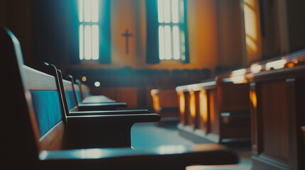 Church interior, sunlight coming through a window.
Pews, cross, worship, religion, spirituality, empty church, wooden benches