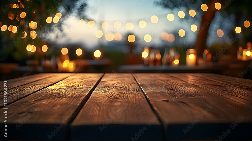 Poster wooden table with background lights in a rustic summer setting