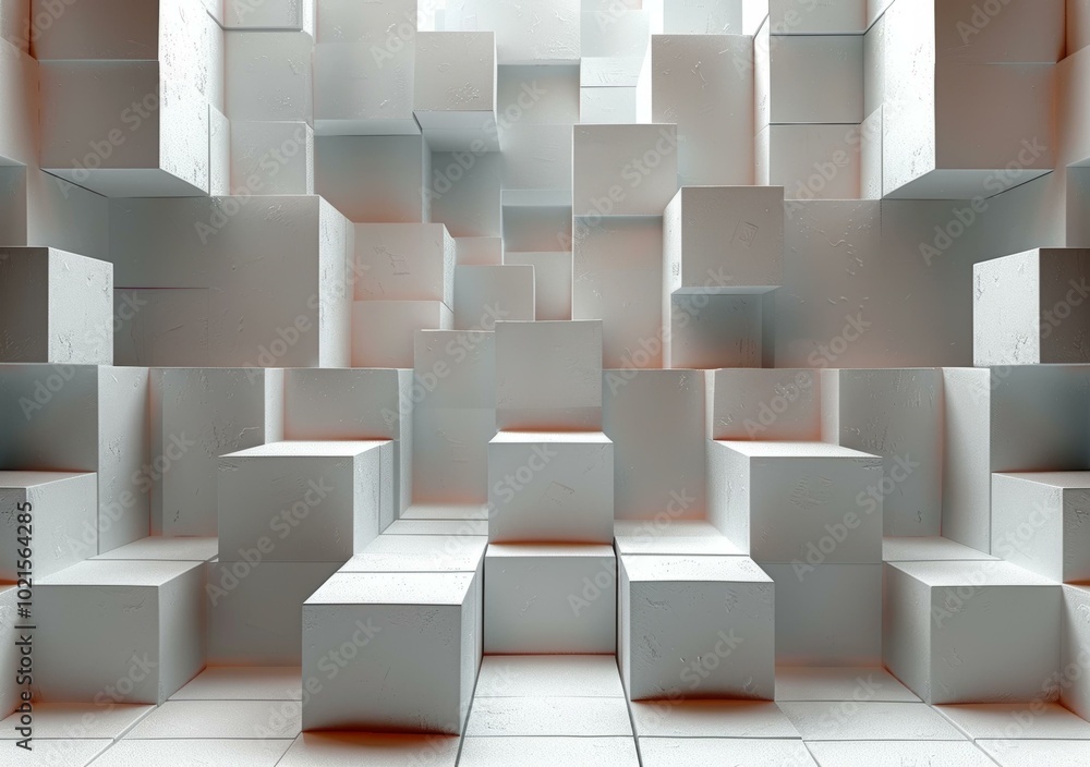 Sticker 3D rendering of a white concrete room with a lot of boxes