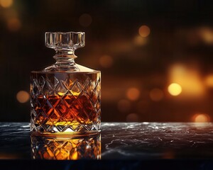 Crystal Decanter with Amber Liquid on Black Marble Tabletop