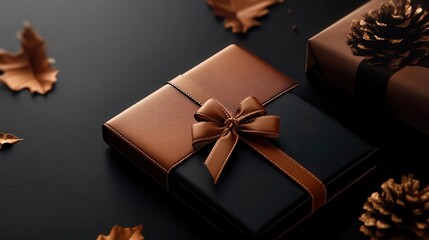 Luxury Gift Box with Brown Ribbon and Fall Leaves
