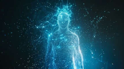 Blue human body made of glowing dots and lines.