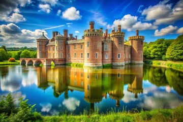 Obraz premium Stunning Herstmonceux Castle in East Sussex Surrounded by Lush Green Landscapes and Blue Sky
