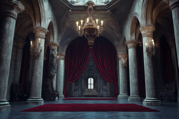 Obraz premium Ornate gothic throne room, stone pillars, deep red velvet drapes, and a high arched ceiling with chandeliers.
