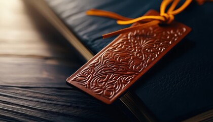 Leather Bookmark with Ornate Design on a Book