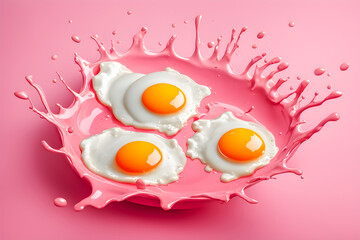 illustration of Fresh fried eggs and liquid splashing on the pink background.