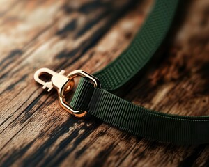 Green Fabric Leash with Gold Clasp on Wooden Surface