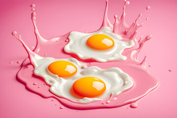 illustration of Fresh fried eggs and liquid splashing on the pink background.