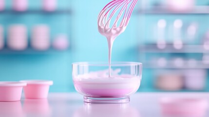 A smooth whisk swirls in a glass bowl filled with creamy batter, set against a pastel-colored kitchen background, highlighting a delicate and serene atmosphere.