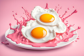 illustration of Fresh fried eggs and liquid splashing on the pink background.