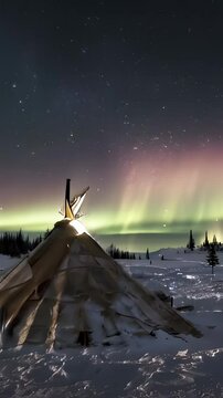 Northern lights cast beautiful glow over Yakut settlement in tundra. Teepees, reindeer herding, and traditions evoke deep cultural connection to Arctic wilderness and nature. Vertical video