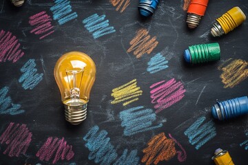 a yellow light bulb surrounded by crayons on a black surface