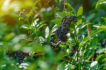 Black ripe elderberry bushes in meadow. Early autumn. Sun rays on plants. Autumn screensaver.