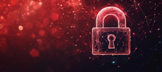 Red Glowing Padlock Symbol with Network Cyber Security Concept Art in a Dark Virtual Environment
