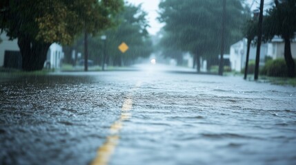Flooded street during heavy rain. Water covers the road, and blurry outlines of trees and houses are visible in the background.