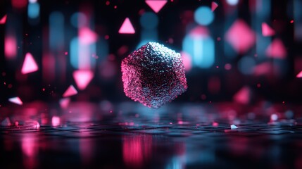 A luminous pink cube hovers amidst various geometric shapes including triangles, all set against a visually stunning neon-lit backdrop evoking a digital ambiance.