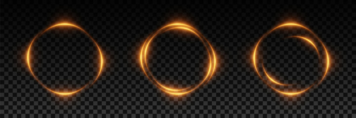 
Set of gold neon rings and circles. Light lines of light.