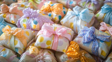 A close-up shot of a pile of small, colorful, polka dot gift boxes tied with ribbons.