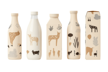 Milk bottles and cartons with animal illustrations in a minimalist style on a white background. Concept of dairy packaging design