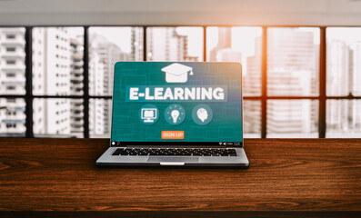 E-learning and Online Education for Student and University Concept. Graphic interface showing technology of digital training course for people to do remote learning from anywhere. uds
