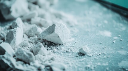 Scattered pieces of white plaster on a rough textured surface, creating an abstract composition that highlights simplicity and purity in a chaotic form.