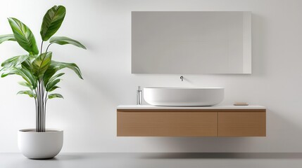 Fototapeta premium Bright bathroom with a large floating sink, integrated storage, and clean white walls, functional bathroom, minimalist design