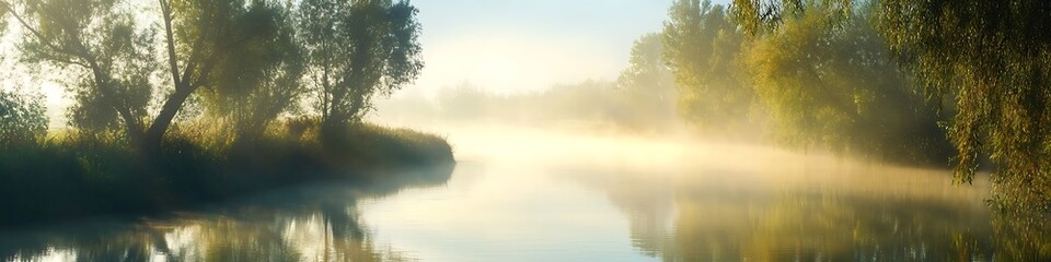 A serene, misty river with soft reflections and space for text