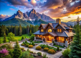 Fototapeta premium Stunning Luxury Mountain Home Surrounded by Majestic Peaks and Lush Greenery in Serene Landscape