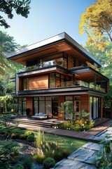 Modern Wooden House Exterior Design Illustration