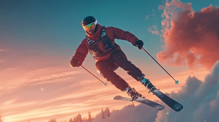 Floating Sportsman in a ski suit, snow skiing