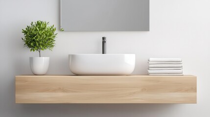 Minimalist bathroom with a rectangular sink, floating cabinetry, and light wooden accents, modern interior, functional design