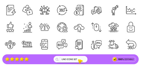 Diagram chart, Building and 360 degrees line icons for web app. Pack of Money, Graph chart, Info pictogram icons. Scroll down, Power certificate, Teamwork question signs. Rating stars. Vector